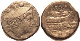 BRONZE Sextans, 217-215 BC, Mercury head r, 2 pellets above/prow r, 2 pellets below, Cr. 38/5, Sy.85; VF/F, centered on big thick flan (29 mm, 26.06 g...