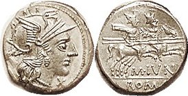 M. Iunius, 220/1, Sy.408, Roma head r/Dioscuri r, Choice EF, obv a hair off-ctr, rev nrly centered, good metal with pale tone; exceptionally sharp det...