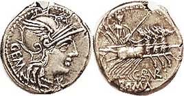 C. Aburius Aunt Geminus, 244/1, Sy.490, Roma hd r/Mars in quadriga r; EF, nrly centered & well struck, good silver with some lt tone; modest edge spli...