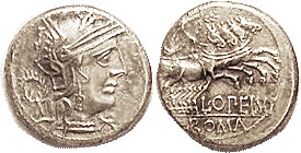M. Opeimius, 253/1, Sy.473, Roma head r, wreath behind/ Victory in quadriga r; VF, sl small flan, obv well centered, rev sl off-ctr; bright silver wit...