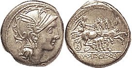 Mancinus, Pulcher & Urbinus, 299/1b, Sy.570a, Roma head r/Victory in tricycle; AEF, obv nrly centered, rev centered, well struck, good metal with attr...
