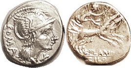 L. Flaminius Chilo, 302/1, Sy.540, Roma head r/Victory in biga r, VF, nrly centered on sl oval flan, sl striking crudeness with a little flatness at r...
