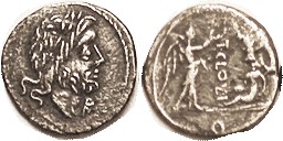 Quinarius, Ti. Cloulius, 332/1c, Sy.586b, Jupiter head r, control mark before/ Victory & trophy & captive; AEF/AVF, centered, sl surface perturbances,...