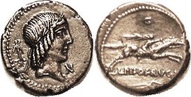 L. Piso Frugi, 340/1, Sy.669b, Apollo head r, anchor behind, N in front/horseman r, C above, tongs below; VF-EF, a hair off-ctr, decent metal with dee...