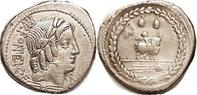 Mn. Fonteius, 353/1a, Sy.724, Vejovis head r/Genius on goat, caps of Diocuri above, all in wreath; VF/AVF, obv a hair off-ctr but complete, good metal...