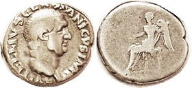 VITELLIUS, Den, No lgnd, Victory std l; F-VF/F, centered, tops of some obv letters off, good bright metal, nice strong portrait of fine style. (A F+ b...