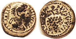 DOMITIA, Lydia, Philadelphia, Æ15, Her bust r/grape bunch; VF, sl off-ctr, some lgnd off but her name clear, smooth dark green patina with pale earthe...