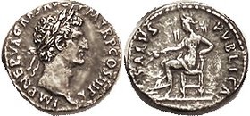 NERVA, Den, SALVS PVBLICA, Salus std l; AEF/AVF, nrly centered, only tops of some obv letters off; reasonable metal with darkish tone in fields, minor...