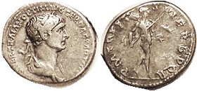 TRAJAN, Den, PM TRP COS VI PP SPQR, Mars adv r, F+, nrly centered on oval flan, sm part of lgnd wk/off, good metal with lt tone. (A VF realized $230, ...