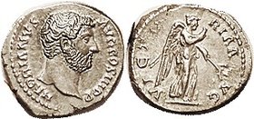 HADRIAN, Den, VICTORIA AVG, Victory stg r, EF, centered, ltly toned, well-detailed bare-headed portrait of fine style. (Same variety, only VF with fla...