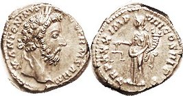 MARCUS AURELIUS, Den, TRP XXX IMP VIII COS III PP, Aequitas stg l; EF, practically as struck, a few letters off on obv, rev lgnd somewhat crude; excel...