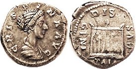 CRISPINA, Den, DIS GENITALIBVS, square altar; VF, obv well centered, rev sl off-ctr & typically crudeish, sl ragged flan, decent metal with lt tone; n...