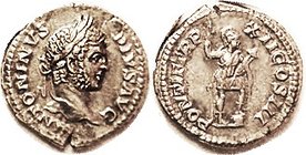 CARACALLA, Den, Partially bearded bust r/PONTIF TRP XII COS III, Virtus stg r; EF, well centered & nicely struck, sm edge split at obv bottom, good me...