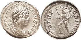 ELAGABALUS, Den, PM TRP III COS III PP, Sol adv l; In slab by National Coin Grading Service as AU58; it is EF, nrly centered, bright lusterlike silver...