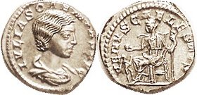 JULIA SOAEMIAS, Den, VENVS CAELESTIS, Venus std l, looming over begging child; EF, sl off-ctr with some of lgnds partly off, good bright metal, tiny d...