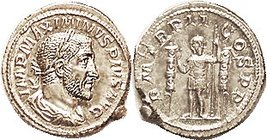 MAXIMINUS I, Den, PM TRP II COS PP, Ruler stg with 2 standards; Choice Mint State, centered & very sharply struck with superb portrait derail; blazing...