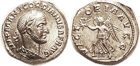 GORDIAN II, Den, VICTORIA AVGG, Victory adv l; COPY, struck in silver, by Slavei, Unc, brilliant luster, very nice workmanship.