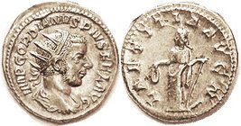 GORDIAN III, Ant, LAETITIA AVG N, Laetitia stg l, EF/VF, so graded because rev typically soft from worn die; obv quite sharply struck with crisp portr...
