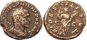 As, FIDES MILITVM, Fides hldg long scepter & standard; VF, well centered, full lgnds, brown patina with lt to moderate roughness. Full laurel wreath o...