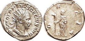 TRAJAN DECIUS, Ant, DACIA stg l, Mint State, centered on large sl ragged flan, strong strike for this with usual lgnd crudeness but portrait & Dacia h...