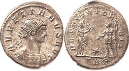 AURELIAN, Ant, RESTITVT ORBIS, Female giving wreath to ruler, KAB; EF, centered on large round flan, good strike, silvered surfaces with moderate tone...