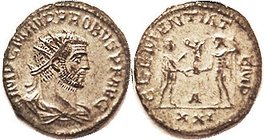PROBUS, Ant, CLEMENTIA TEMP, Jupiter gives Victory to Ruler; EF, centered, complete lgnds, mostly silvered surfaces with tone on high points. (A VF/EF...