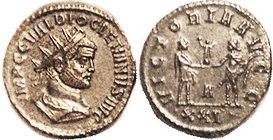 DIOCLETIAN, Ant, VICTORIA AVGG, Diocletian giving Victory to Maximian, A/XXI; Choice EF, well centered & sharply struck on a large round flan, smooth ...