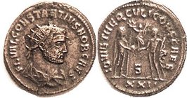 CONSTANTIUS I, as Caesar, Ant, IOV ET HERCVL CONS CAES, Hercules giving Victory to Ruler, S/XXI; VF+, well centered on large flan, lt brown with sl to...