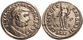 Follis, GENIO POPVLI ROMANI, Genius stg l, ALE, Choice EF, well centered & struck, tho with sl obv double striking; good glossy silvery-brown surfaces...