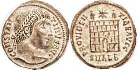Æ3, PROVIDENTIAE AVGG, Camp gate, SMALB; Choice EF, centered & sharply struck, silvered with tone on high points. Strong portrait detail. (An EF of th...