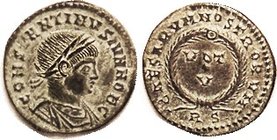 CONSTANTINE II, Æ3, VOT V in wreath, lgnd around, RS; EF, smooth dark patina with strong pale green hilighting; well centered & struck; nice sharp chi...