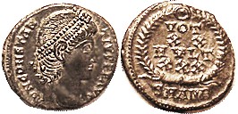 CONSTANTIUS II, Æ4, VOT XX MVLT XXX in wreath, SMANB; Virtually Mint State, sl off-ctr crowding end of obv lgnd; portrait fully sharp; lustrous brown ...