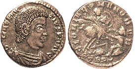 MAGNENTIUS, Cent, GLORIA ROMANORVM, Ruler on horse skewering fallen foe; TRP-crescent; VF+/F-VF, obv sl off-ctr, rev centered, smooth brown surfaces, ...