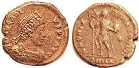 ARCADIUS, Æ2, GLORIA ROMANORVM, Ruler stg with labarum & snowball, SMHA; VF, nrly centered, full lgnds, light brown, nice detailed portrait. (A GVF so...