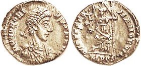 HONORIUS, Siliqua, VIRTVS ROMANORVM, Roma std l, MDPS; VF-EF, sl off-ctr, lgnds wk/off at right each side, bright lustery silver. No clipping. (A VF-E...