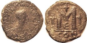JUSTIN & JUSTINIAN, Follis, Unlisted type with M betw two crosses (not star & cross); cross above; CON-E; AF/F+ or so, greenish-brown patina, lt rough...