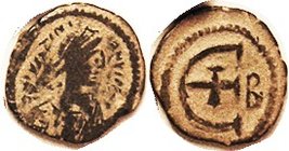 JUSTINIAN I, 5N, S170, Bust r/LargeE, B to rt, F+/VF, nrly centered,. obv lgnd visible tho crude as usual, clear portrait; smooth dark patina with ear...