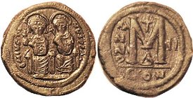 JUSTIN II, Follis, S360, CON-II-Delta, Choice VF, centered & well struck, unusually strong detail on figures; dark greenish patina. (Compare an F-VF b...
