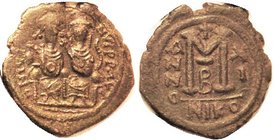 Follis, S369, NIKO-XI-B ; VF, centered on a ragged flan, dark greenish brown patina, Rulers heads undetailed but their costumes are unusually well det...