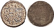 AUSTRIA, Salzburg Ar Pfennig 1765, 11 mm, date above 2 shields, uniface, EF, luster. (An EF/Unc brought $140, Fruhwald 9/18.)