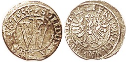 GERMANY, Brandenburg, billon Solidus 1654, Eagle, large FW monogram, lgnds; 16 mm; F or better, a little crude, not bad, clear date.