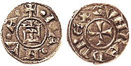 ITALY, Genoa, Ar Denaro, 1139-1339, in name of Conrad II, Castle/cross, Biaggi 835, 11 mm, VF-EF, well centered & struck, deep brownish tone. (An EF, ...