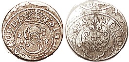 RIGA, Billon Solidus, 1621, 16 mm, VF, obv somewhat off-ctr, rev much off-ctr, silver with unerven brownish tone. But a good strike for this.