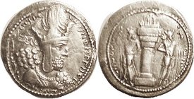 SASANIAN, Shapur I, 241-72 AD, Ar Drachm, Bust r/fire altar & attendants, 26 mm, VF, obv well struck, minor weakness on rev; decent bright metal. (A c...