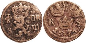 SWEDEN, Æ 1/6 Ore, 1674, 3 crowns/crown over Lion, 25 mm, F, medium brown, decent for this with everything clear.