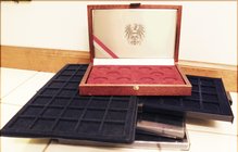 3 coin trays, each 7-3/4x9-1/2", with square dark blue felted spaces for 20, 20, & 16 coins, with sliding hard clear plastic covers; covers a bit scuf...