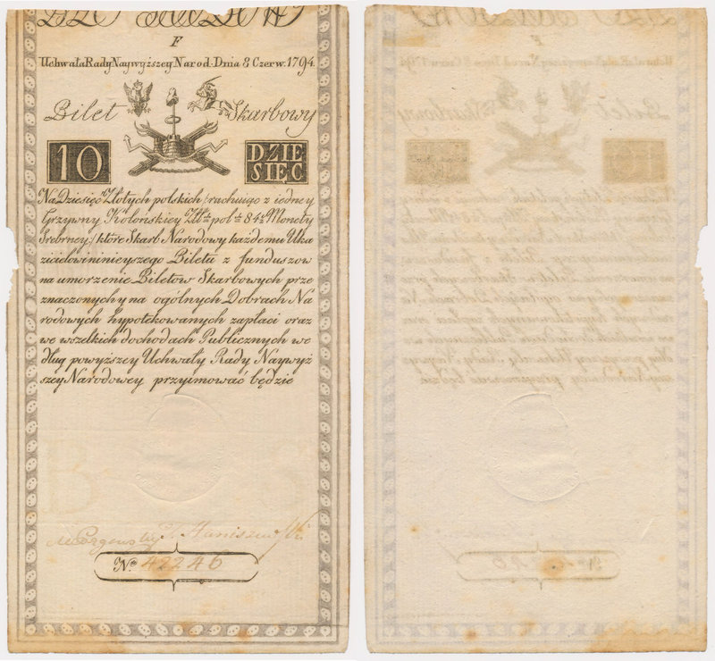 10 złotych 1794 - F - znak wodny D&C Blau[w]
 Ten pozornie zwyczajny banknot, z...