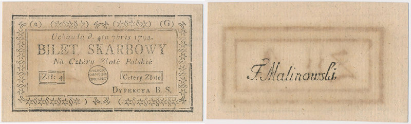 4 złote 1794 - (2)(G) - z błędem UCHAWŁA
 Banknot z błędem w słowie 'Uchwała' z...