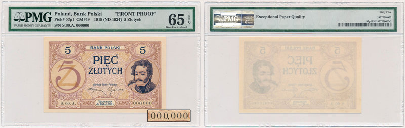 5 złotych 1919 - wzór jednostronny - S.60.A. - numeracja zerowa - 000,000
 Jedn...