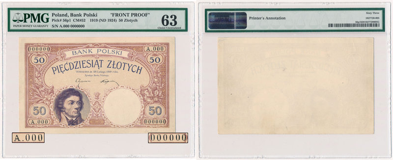 50 złotych 1919 - wzór jednostronny - numeracja zerowa - A.000 000000
 Jednostr...